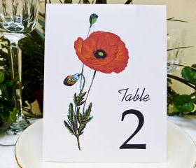 Wedding Table Card, Floral table card, Wedding Table Number, Wedding Table Tent, Poppy Flower Table Card