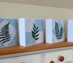 Art Blocks, Set of 4, Botanical Prints, Geometric Backgrounds, Aqua Blue and White, 6x6